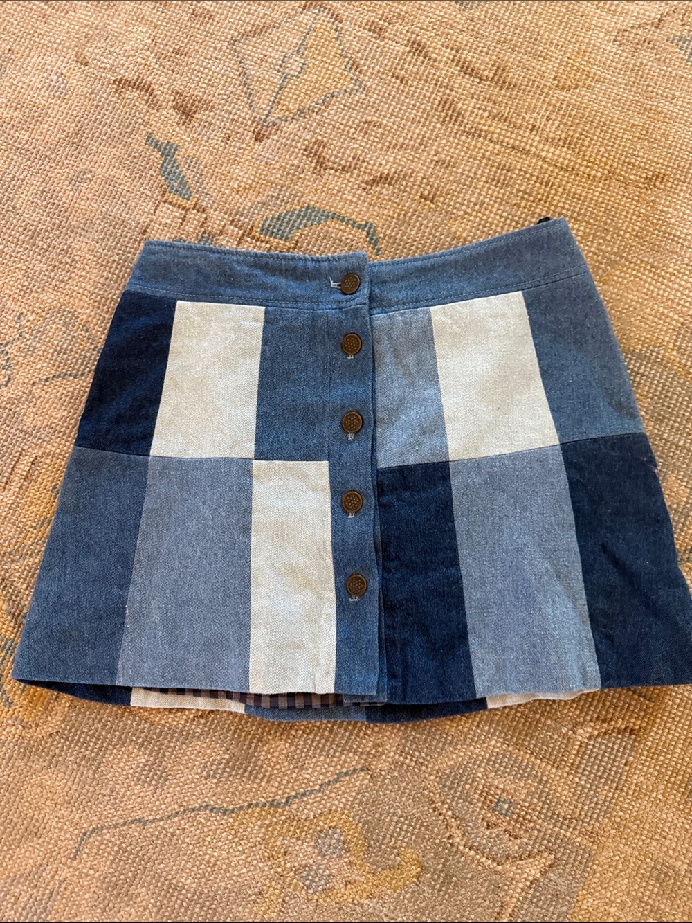 Ines De La Fressange Patchwork Denim Button-Front Mini Skirt size 36 (small)